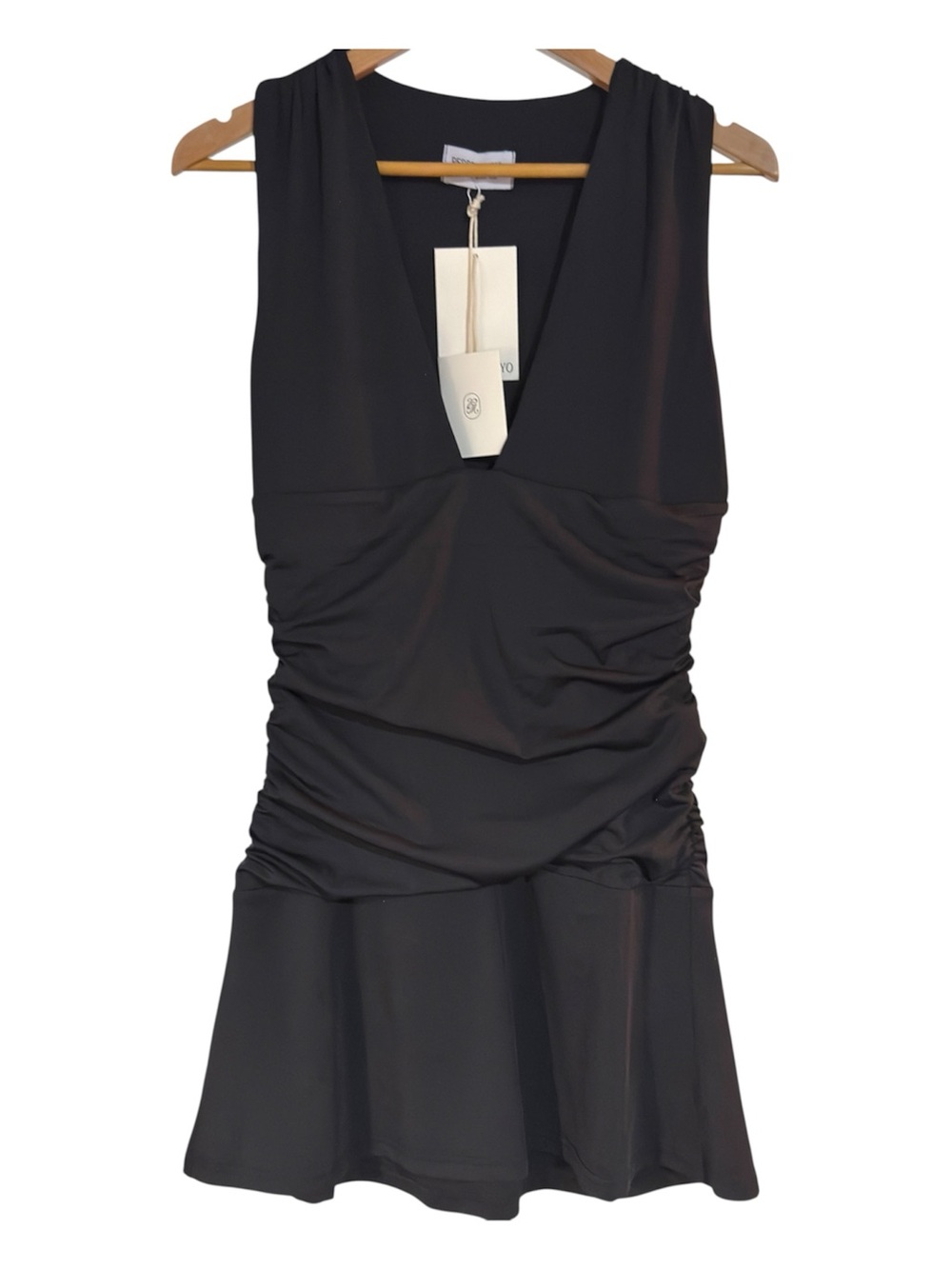 Peppermayo black v-neck ruched mini dress Women’s size 6 | h